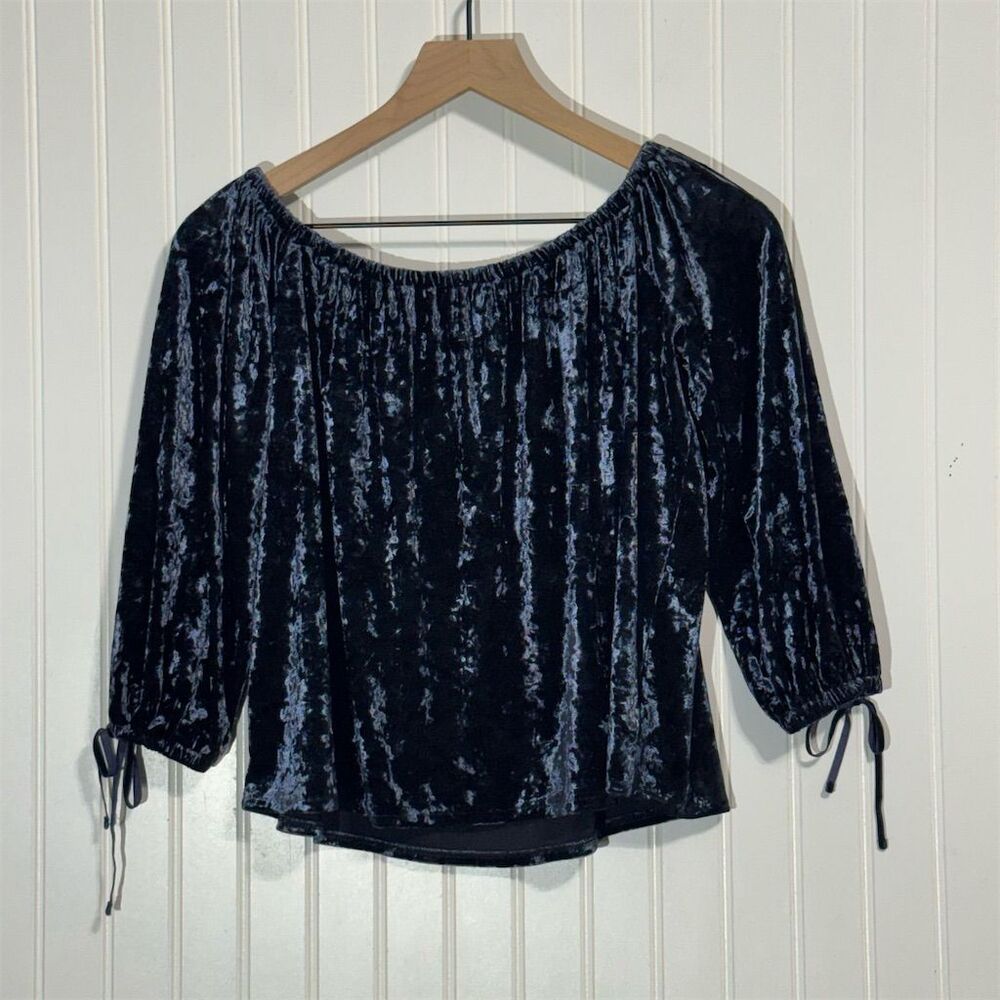 American Eagle Velvet Off Shoulder Top Small Navy Blue Crushed Peasant Y2K Boho